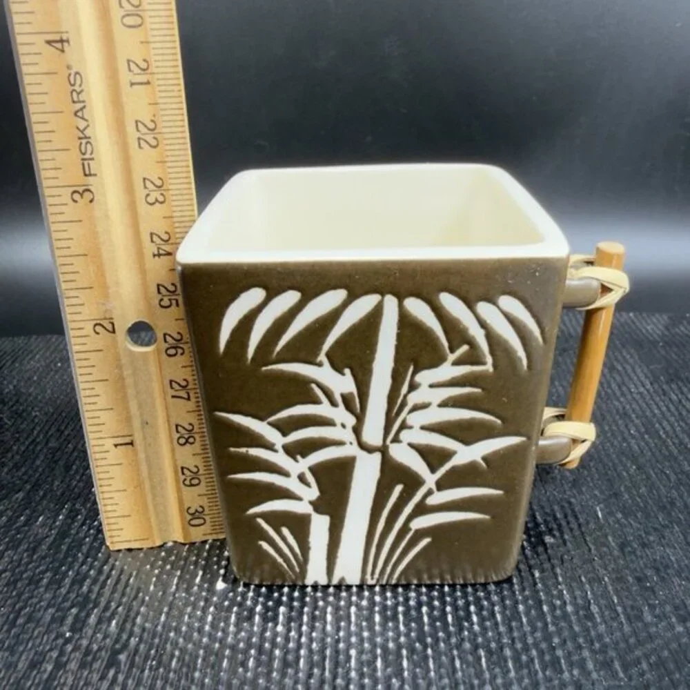 Global Home Vietnam Zazen Stoneware Bamboo Pattern Cups Mugs Set 2 Ceramic‎ VTG